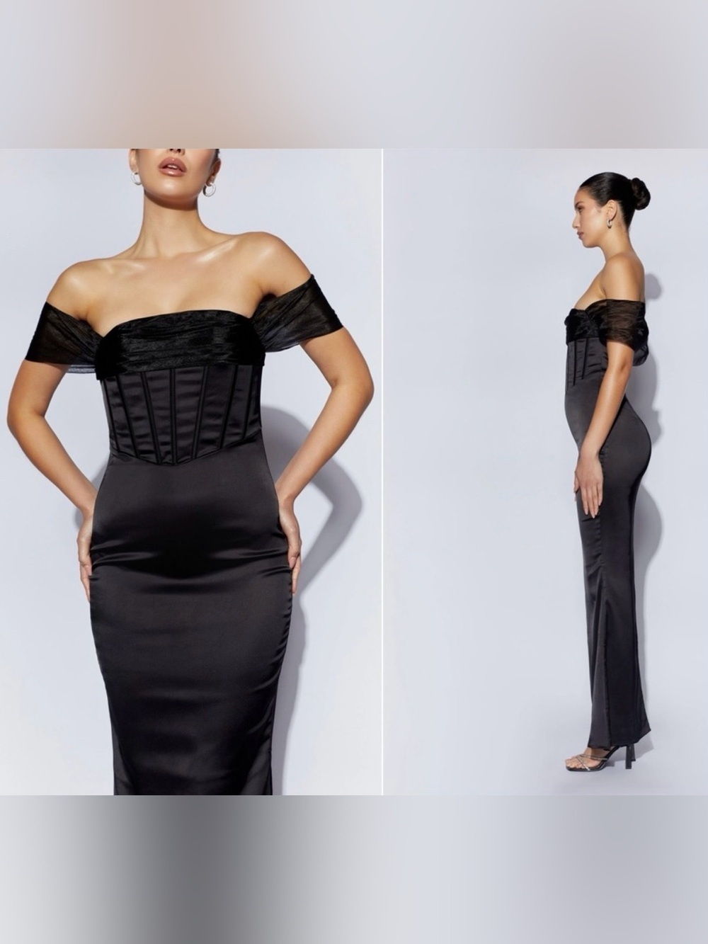Meshki Everly Off Shoulder Organza Satin Black Maxi Dress - Picture 2 of 16